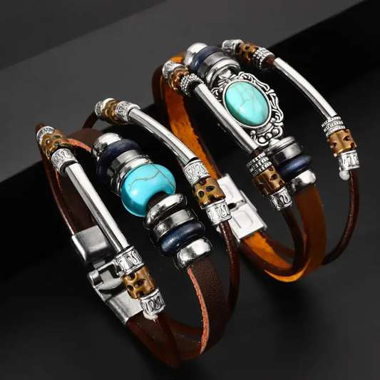 2pcs Stylish Turquoise Stainless Steel Faux Leather Couple's Punk Buckle Bracelet